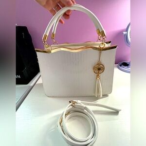 White and gold butterfly embossed top handle tote crossbody convertible bag